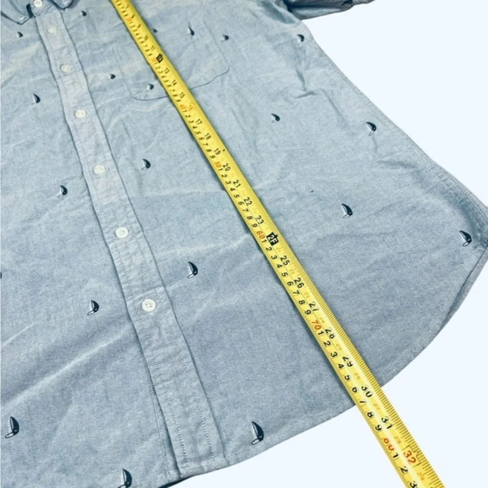 J Crew Dress Shirt Mens XL 17-17.5 Flex Button Up Denim‎ Blue Sailboat Print